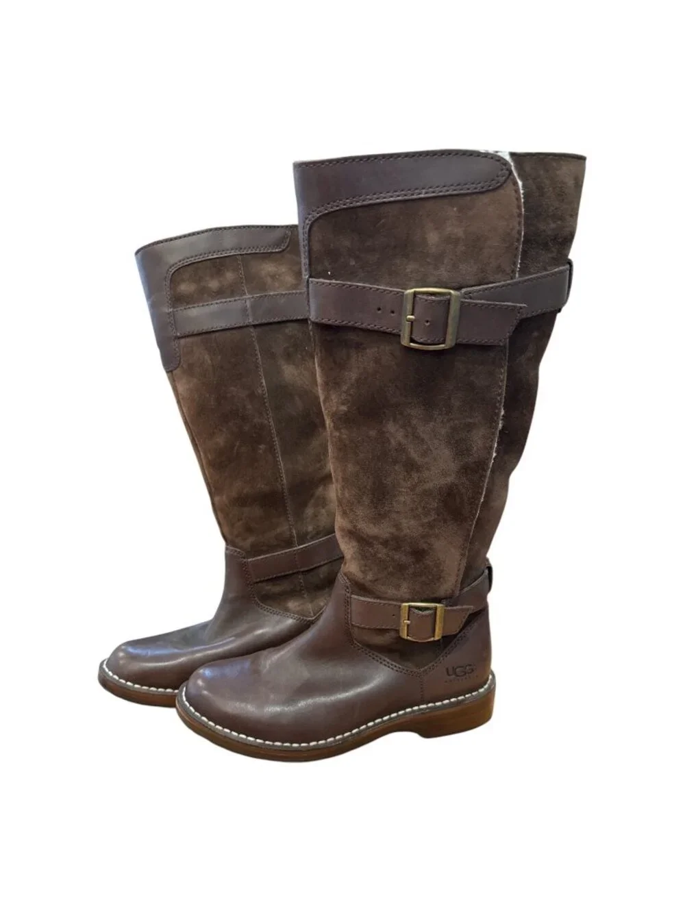 UGG Australia Womens Tall Leather & Suede Brown Buckle Sheepskinn Boots Sz 6 EUC